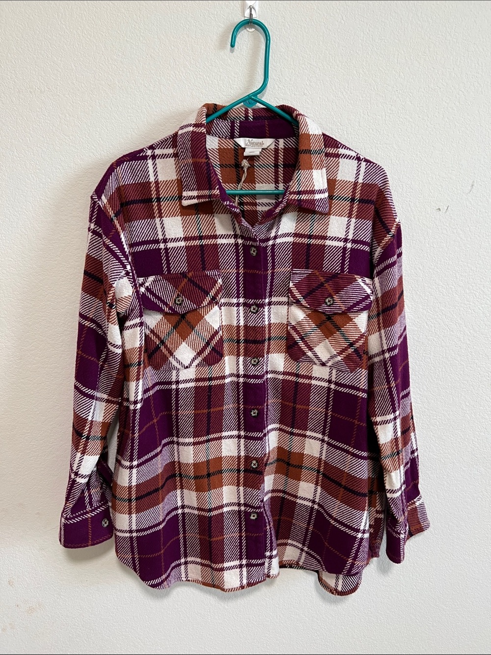 Natural Reflections Purple Rust Plaid Button-Down Shirt Heavyweight Sz L NWOT